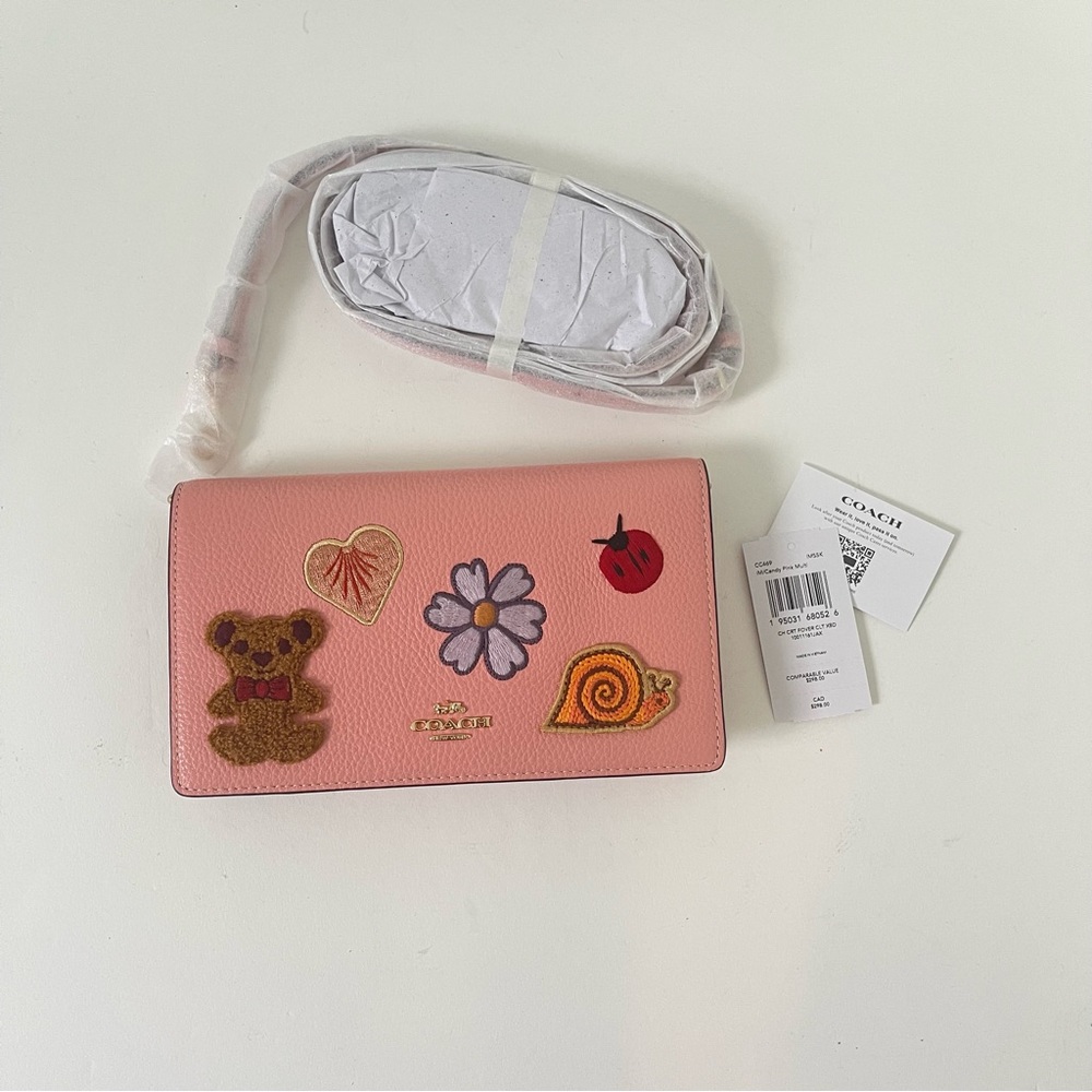 Coach Anna Foldover Clutch Crossbody With Creature Patches In Gold & Candy Pink